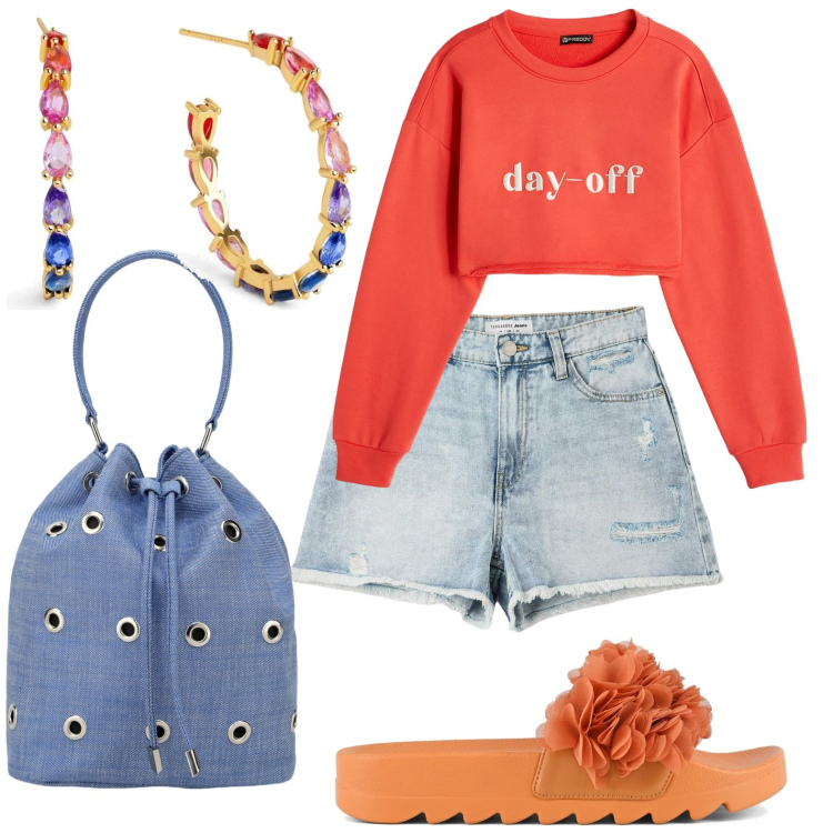 Outfit donna - Orecchini. Stile Casual per Tutti i giorni. look ideale per Petite. Abbinamento con orecchini, shorts, felpe, borse a secchiello, ciabatte.