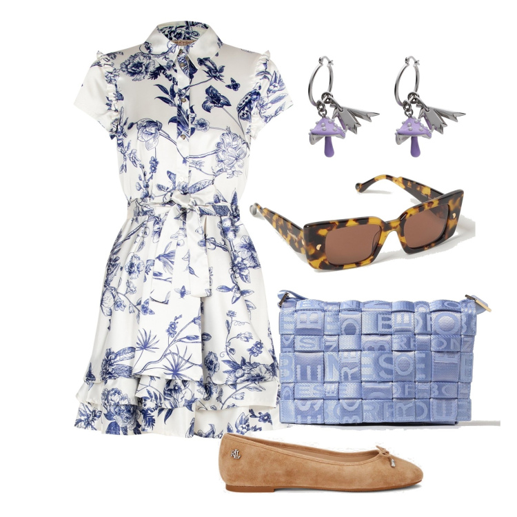 Outfit donna - Ghost outfitter. Stile Bon Ton per Tutti i giorni. Abbinamento con orecchini, vestiti chemisier, ballerine, borse a tracolla, occhiali da sole.