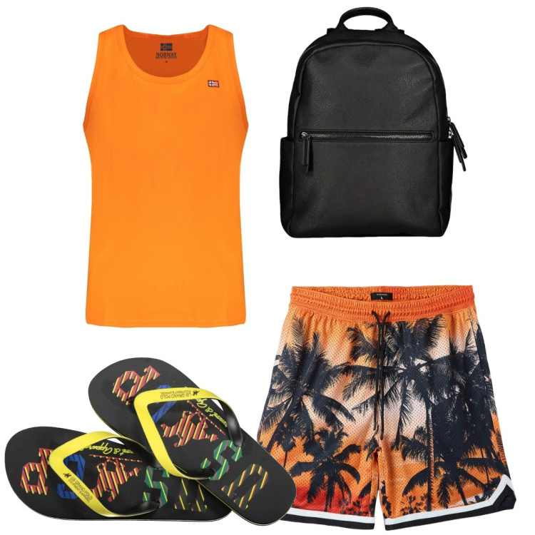 Outfit uomo - Total look #1897321. Stile Trendy per Tutti i giorni. Abbinamento con bermuda, borse sportive, sandali, canottiere.