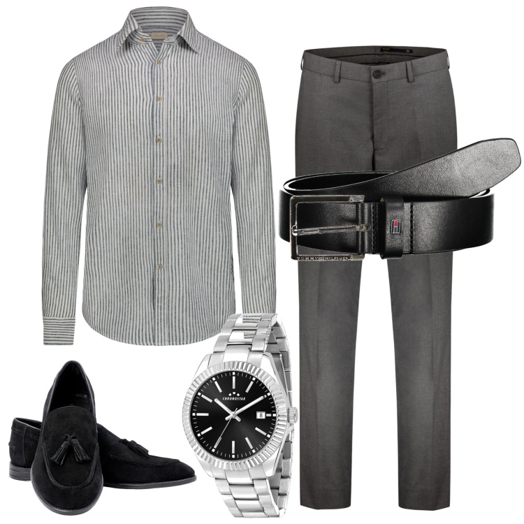 Outfit uomo - La camicia a righe. Stile Business/Elegante per Ufficio. Abbinamento con orologi, pantaloni, scarpe stringate, cinture, camicie.