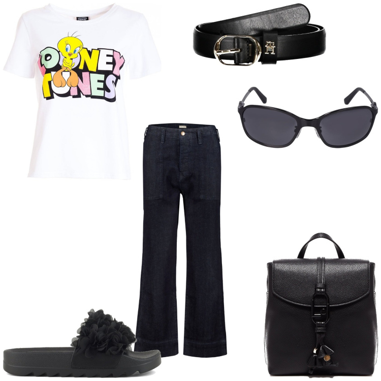 Outfit donna - In città. Stile Casual per Tutti i giorni. Abbinamento con t-shirt, ciabatte, zaini, occhiali da sole, cinture, jeans dritti.