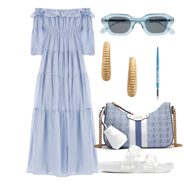 Outfit donna - Ghost outfitter - giugno. Stile Romantica per Tutti i giorni. Abbinamento con eyeliner, vestiti lunghi, orecchini, ciabatte, occhiali da sole, borse a tracolla.