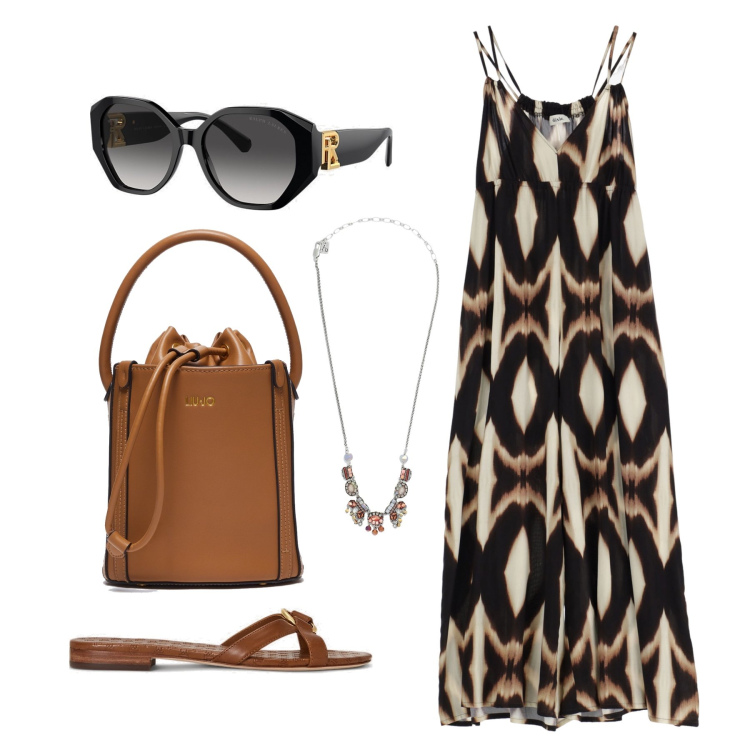 Outfit donna - Ghost oitfitter - giugno. Stile Casual chic per Tutti i giorni. Abbinamento con collane, tute, occhiali da sole, ciabatte, borse a secchiello.