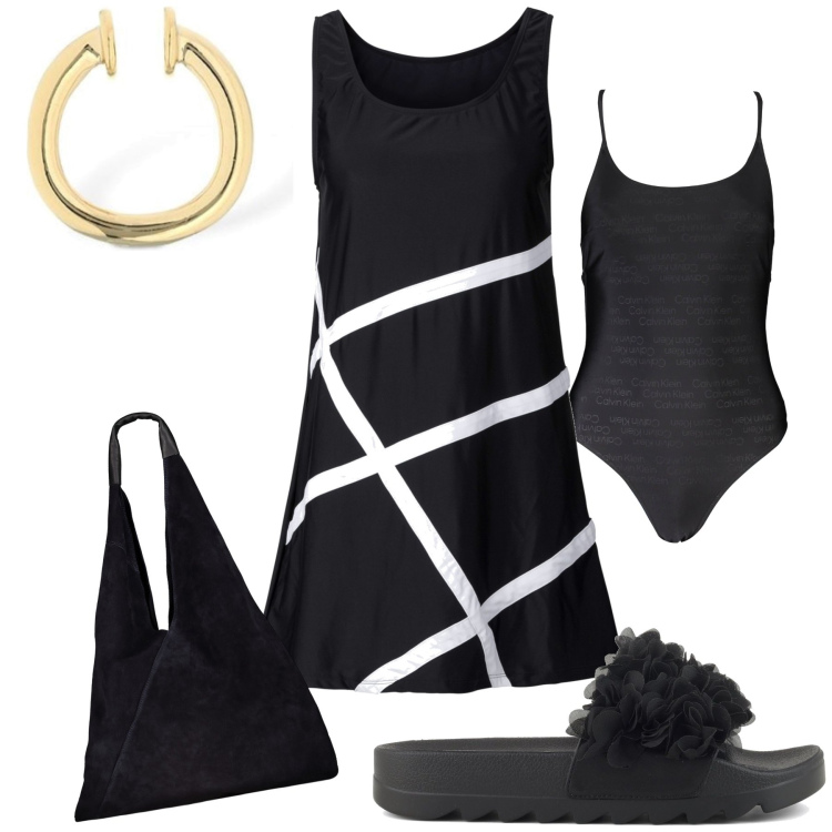 Outfit donna - In spiaggia dal mattino alla sera. Stile Trendy per Mare. Abbinamento con vestiti da spiaggia, ciabatte, costumi, borse a spalla, orecchini.