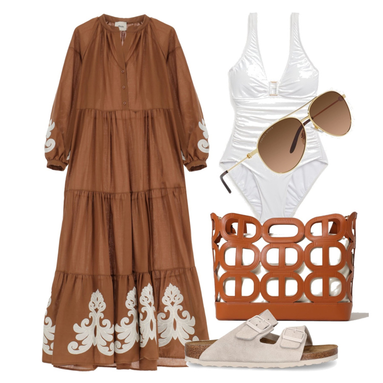 Outfit donna - Ghost outfitter - giugno. Stile Casual per Mare. Abbinamento con vestiti lunghi, occhiali da sole, costumi interi, sandali, borse a spalla.