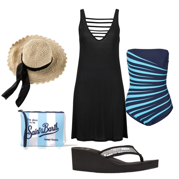 Outfit donna - Total look #1897344. Stile Bon Ton per Mare. Abbinamento con costumi interi, vestiti da spiaggia, infradito, cappelli, pochette.