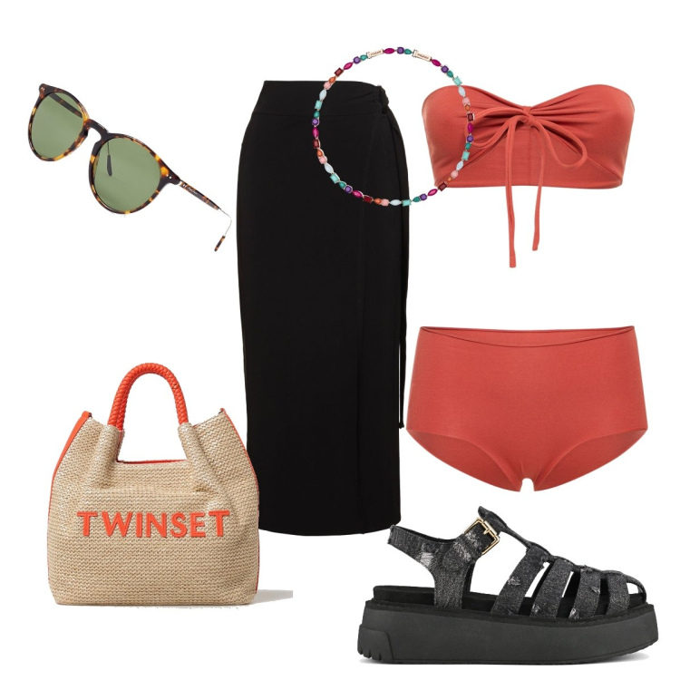 Outfit donna - In spiaggia…. Stile Bon Ton per Mare. Abbinamento con collane, occhiali da sole, sandali, bikini, borse a mano, vestiti da spiaggia.