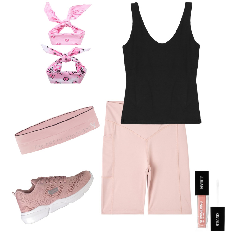 Outfit donna - Corsetta in rosa. Stile Casual per Sport. Abbinamento con gloss, leggings, fasce per capelli, marsupi, top, sneakers.