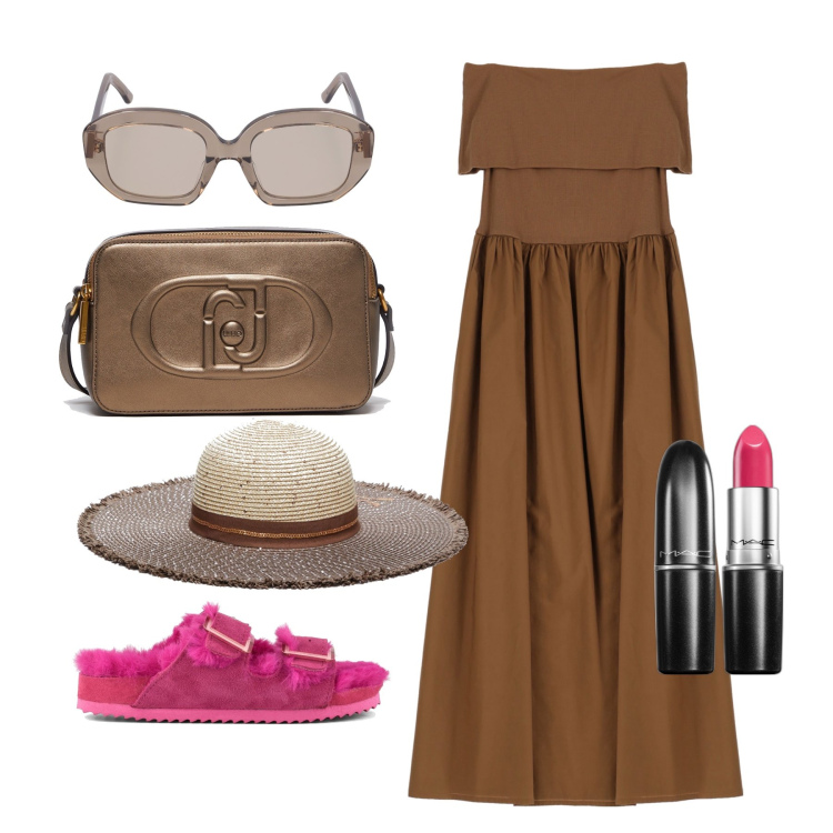 Outfit donna - Ghost outfitter - giugno. Stile Trendy per Tutti i giorni. Abbinamento con rossetti, vestiti lunghi, ciabatte, cappelli, borse a tracolla, occhiali da sole.