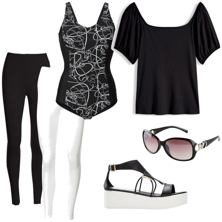 Outfit donna - Total look #1897369. Stile Trendy per Mare. Abbinamento con costumi interi, leggings, sandali col tacco, maglieria, occhiali da sole.