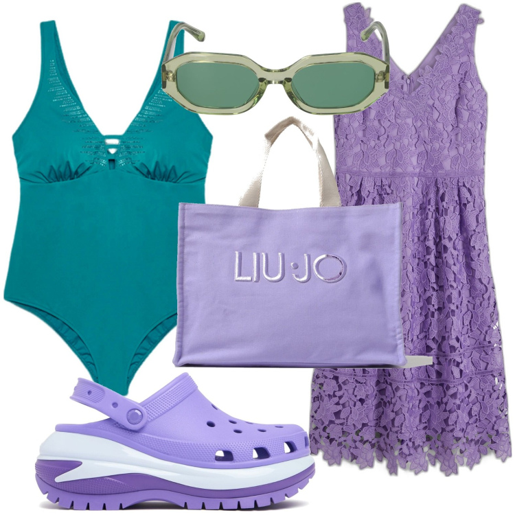 Outfit donna - Vacanze. Stile Bon Ton per Mare. look ideale per Petite. Abbinamento con vestiti, costumi interi, zeppe, occhiali da sole, borse tote.