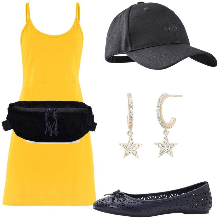 Outfit donna - Turista. Stile Chic per Tutti i giorni. look ideale per Petite. Abbinamento con ballerine, cappelli con visiera, vestito corto, orecchini, marsupi.