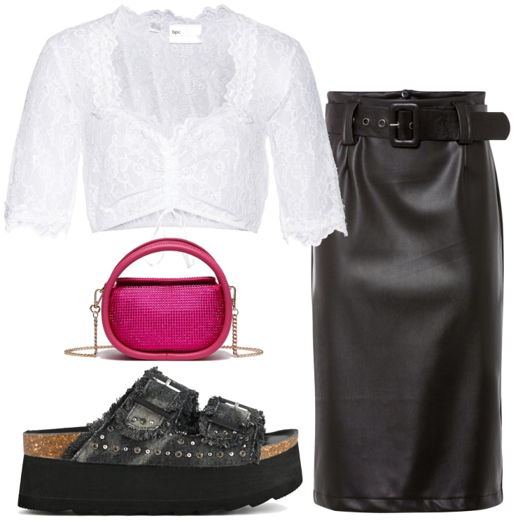 Outfit donna - Aperitivo. Stile Casual per Tutti i giorni. look ideale per Petite. Abbinamento con camicie, gonne longuette, zeppe, borse a mano.