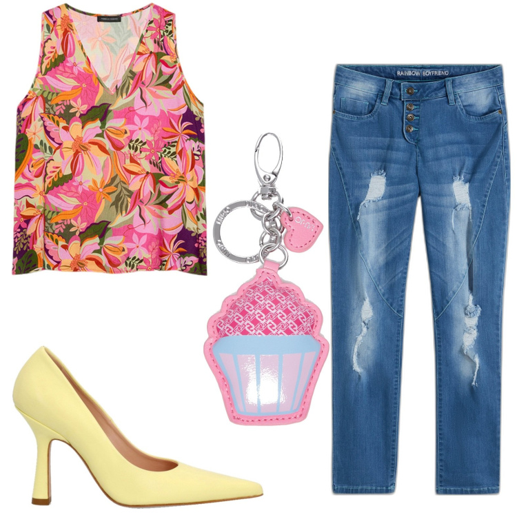 Outfit donna - Jeans. Stile Bon Ton per Tutti i giorni. look ideale per Petite. Abbinamento con jeans boyfriend, portachiavi, décolleté, top.