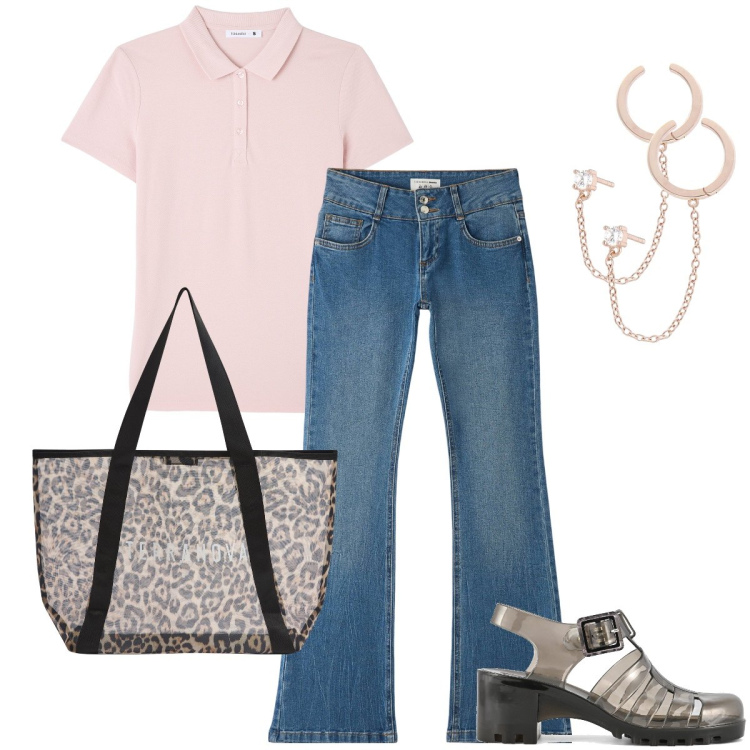 Outfit donna - Casual con gli orecchini originali. Stile Casual per Tutti i giorni. Abbinamento con orecchini, jeans a zampa, polo, shopping bag, sandali col tacco.