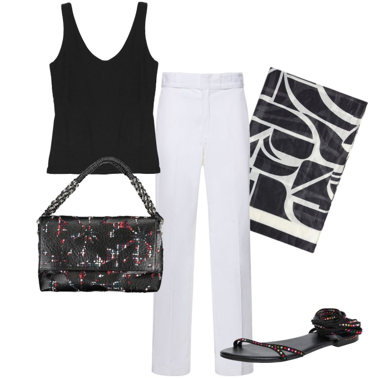 Outfit donna - Casual con un tocco di originalità. Stile Casual chic per Ufficio. Abbinamento con sandali alla schiava, top, foulard, pantaloni, borse a spalla.
