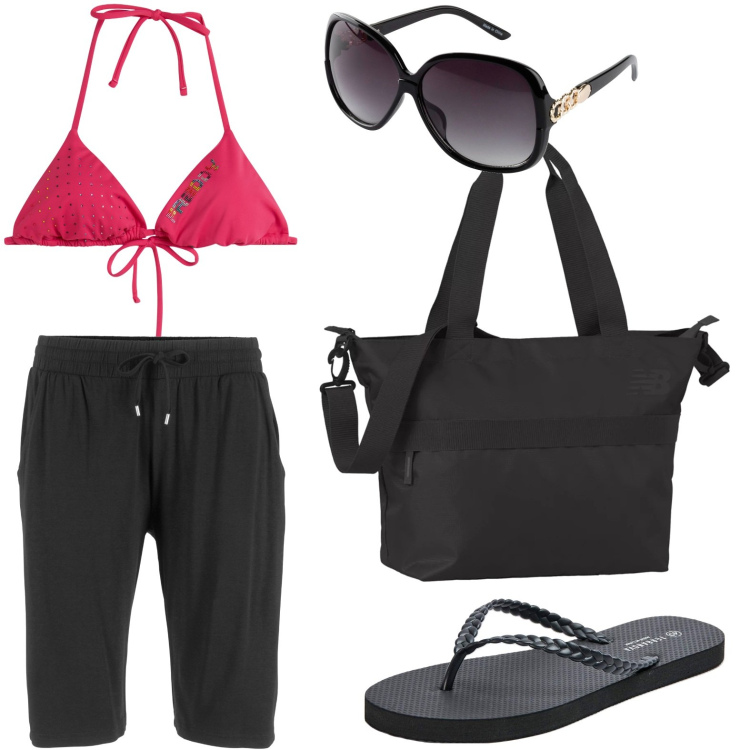Outfit donna - Bikini. Stile Glamour per Tutti i giorni. look ideale per Petite. Abbinamento con bermuda, occhiali da sole, infradito, borse tote, bikini.