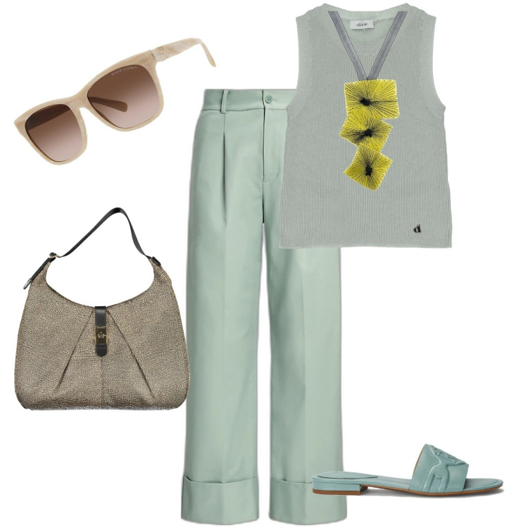 Outfit donna - Look leggero per l’estate. Stile Casual chic per Tutti i giorni. Abbinamento con ciondoli, top, occhiali da sole, pantaloni, sandali in pelle, borse a spalla.