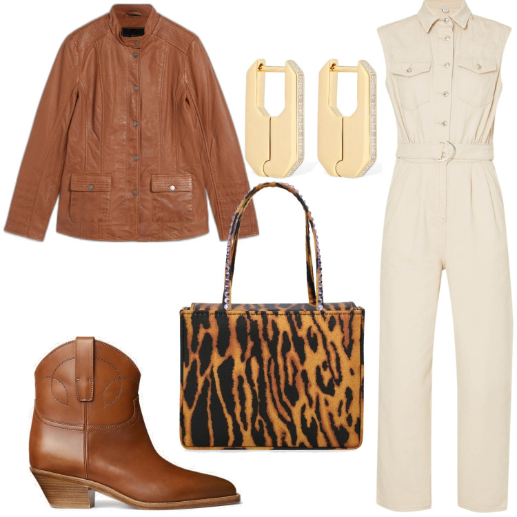 Outfit donna - Animalier. Stile Basic per Tutti i giorni. look ideale per Petite. Abbinamento con blazer, stivaletti, tute, borse a mano, orecchini.