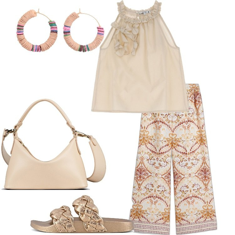 Outfit donna - Etnico in città. Stile Etnico per Tutti i giorni. Abbinamento con pantaloni a palazzo, orecchini, canottiere, ciabatte, borse a mano.