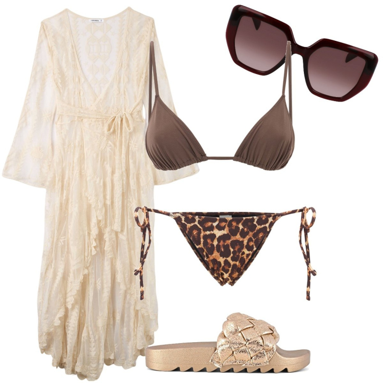 Outfit donna - Sexy al mare. Stile Sexy per Mare. Abbinamento con vestiti da spiaggia, ciabatte, bikini, occhiali da sole, bikini.