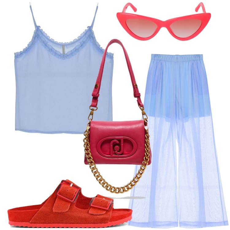 Outfit donna - Trasparenze. Stile Boho per Tutti i giorni. look ideale per Petite. Abbinamento con pantaloni, top, sandali, occhiali da sole, borse a tracolla.