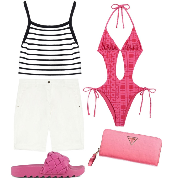 Outfit donna - Il costume cut out. Stile Sporty chic per Mare. Abbinamento con top, costumi interi, ciabatte, pantaloni corti, portafogli.