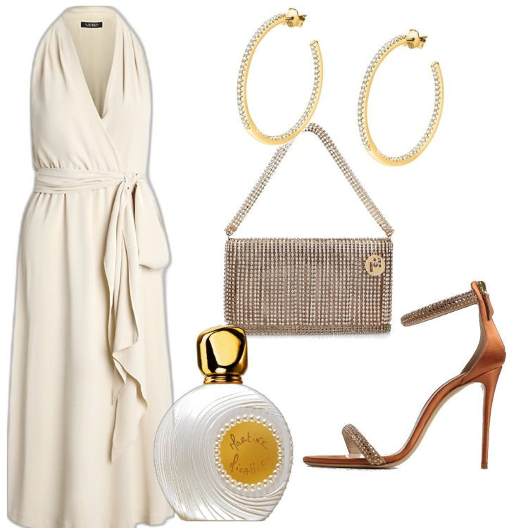 Outfit donna - Serata chic sul Lungomare. Stile Chic per Serata fuori. Abbinamento con orecchini, profumi, vestiti senza maniche, pochette, sandali col tacco.