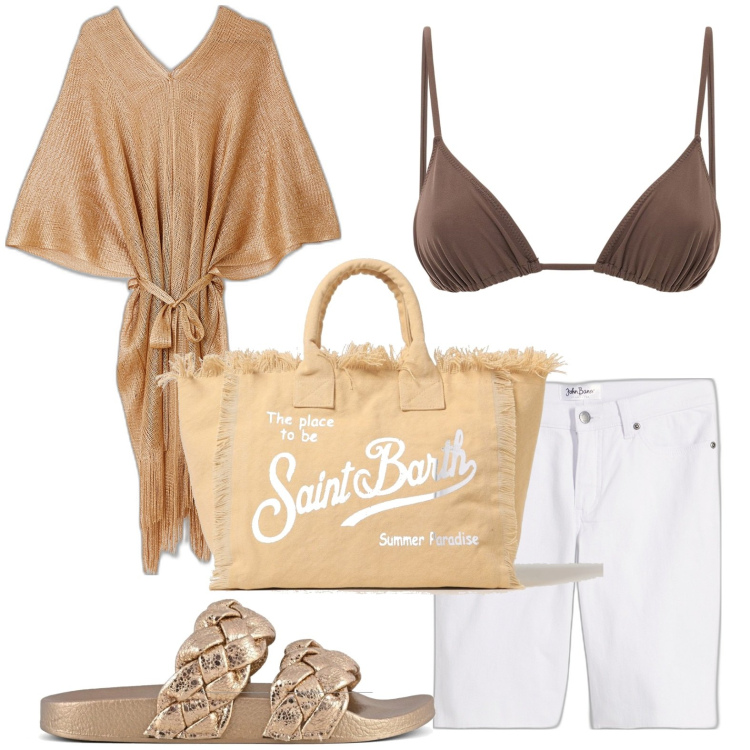 Outfit donna - Mare. Stile Casual per Mare. look ideale per Petite. Abbinamento con bermuda, ciabatte, cappe, bikini, borse a spalla.