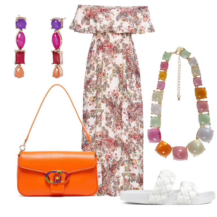 Outfit donna - Lady shine. Abbinamento con vestiti lunghi, orecchini, collane, ciabatte, borse a tracolla.