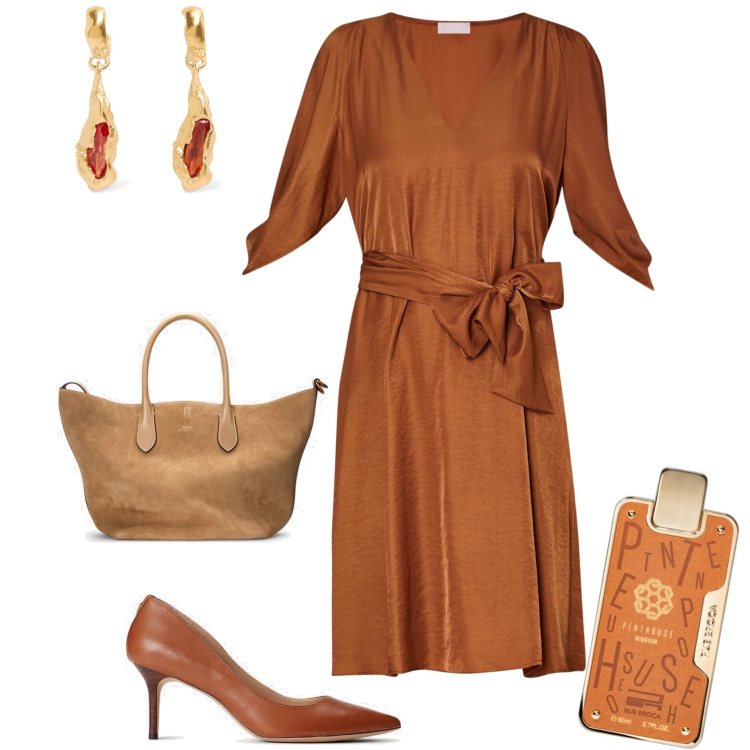 Outfit donna - Monocolore. Stile Chic per Tutti i giorni. Abbinamento con profumi, borse tote, décolleté, vestiti corti, orecchini.