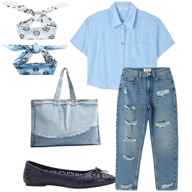 Outfit donna - Fresca in jeans. Stile Casual chic per Tutti i giorni. Abbinamento con ballerine, jeans mom, fasce per capelli, shopping bag, camicie.
