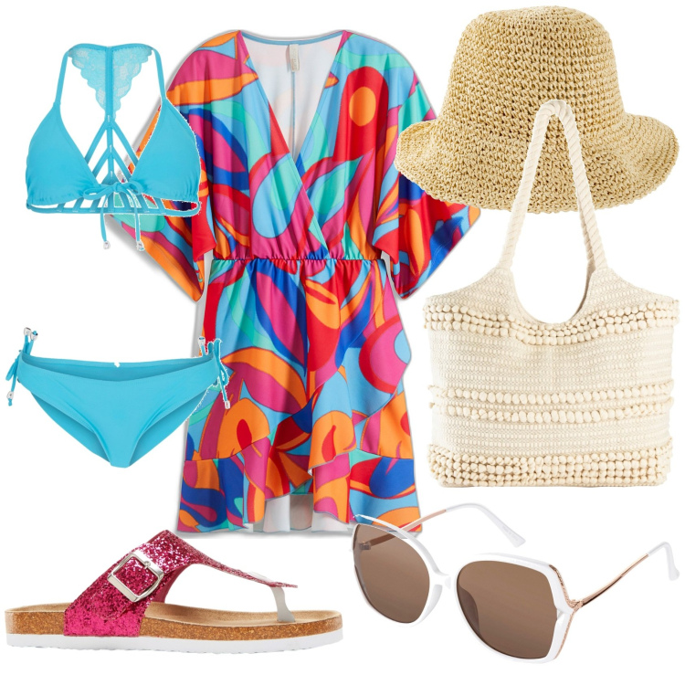 Outfit donna - Voglia di mare. Stile Trendy per Mare. Abbinamento con cappelli, bikini, vestiti, occhiali da sole, shopping bag, infradito.