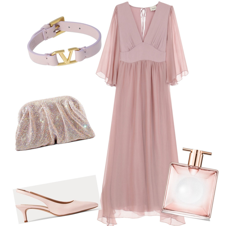 Outfit donna - Cerimonia ton sur ton. Stile Chic per Cerimonia. Abbinamento con profumi, décolleté, vestiti lunghi, pochette, braccialetti.