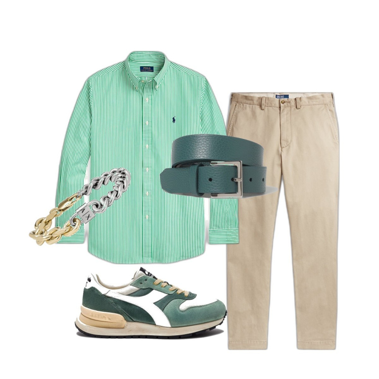 Outfit uomo - La cintura verde. Stile Trendy per Ufficio. Abbinamento con braccialetti, camicie, pantaloni chino, sneakers, cinture.