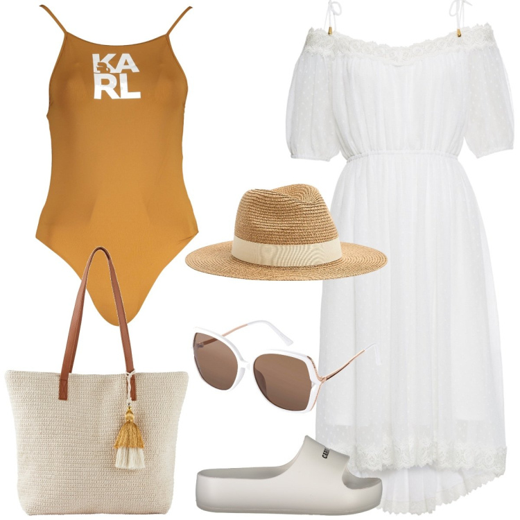 Outfit donna - Total look #1897504. Stile Romantica per Mare. Abbinamento con vestiti, shopping bag, occhiali da sole, cappelli, costumi interi, ciabatte.
