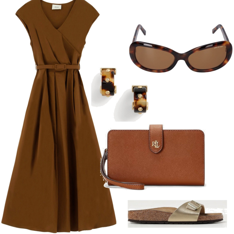 Outfit donna - Aperitivo in spiaggia. Stile Casual chic per Mare. Abbinamento con vestiti lunghi, pochette, orecchini, sandali, occhiali da sole.