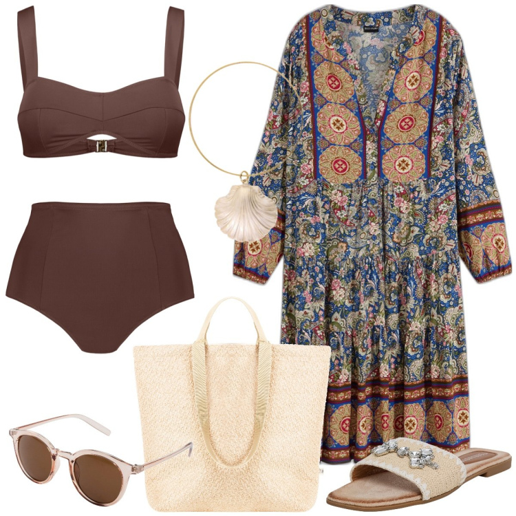Outfit donna - Total look #1897508. Stile Etnico per Mare. Abbinamento con occhiali da sole, vestiti corti, ciabatte, borse tote, braccialetti, bikini.