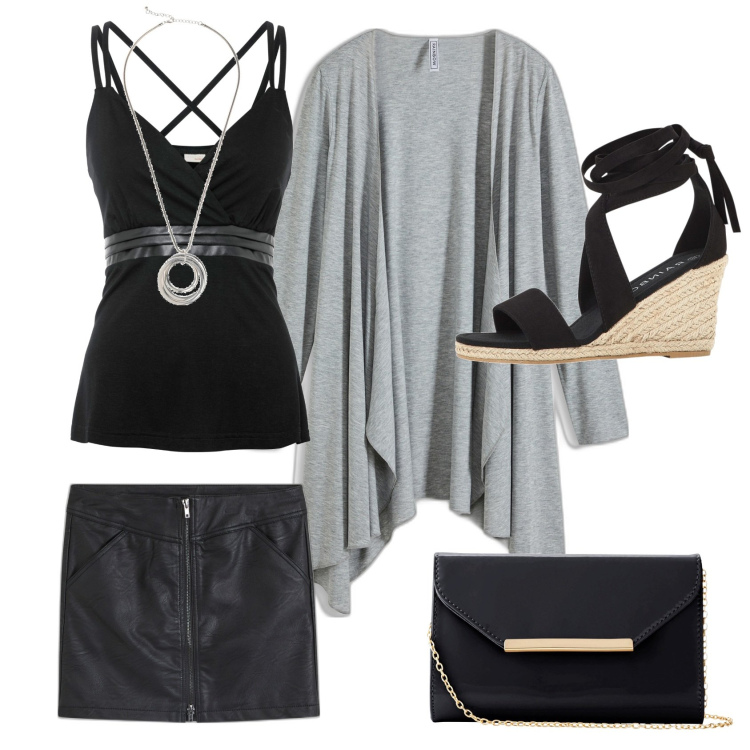 Outfit donna - Oggi in centro. Stile Chic per Tutti i giorni. Abbinamento con cardigans, top, minigonne, sandali, collane, pochette.