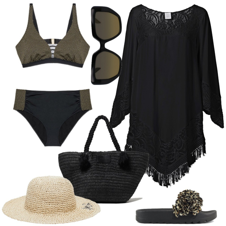 Outfit donna - Total look #1897530. Stile Chic per Mare. Abbinamento con vestiti da spiaggia, bikini, ciabatte, borse tote, occhiali da sole, cappelli.
