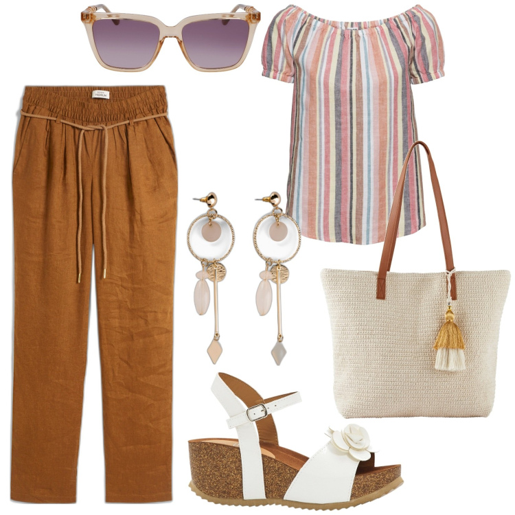 Outfit donna - Essentials estate. Stile Basic per Tutti i giorni. Abbinamento con sandali, bluse, orecchini, pantaloni, shopping bag, occhiali da sole.