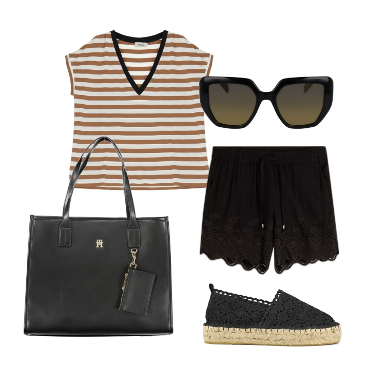 Outfit donna - Ghost outfitter - giugno. Stile Casual per Mare. Abbinamento con shorts, t-shirt, espadrillas, borse a spalla, occhiali da sole.