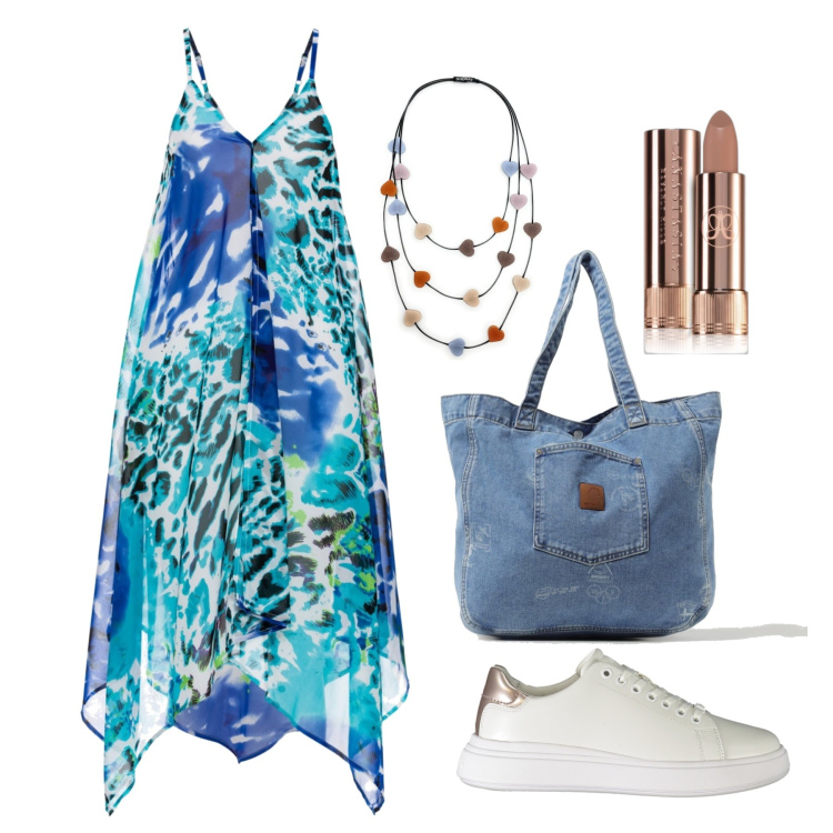 Outfit donna - Ghost outfitter - giugno. Stile Trendy per Mare. Abbinamento con vestiti da spiaggia, collane, rossetti, sneakers, borse a spalla.