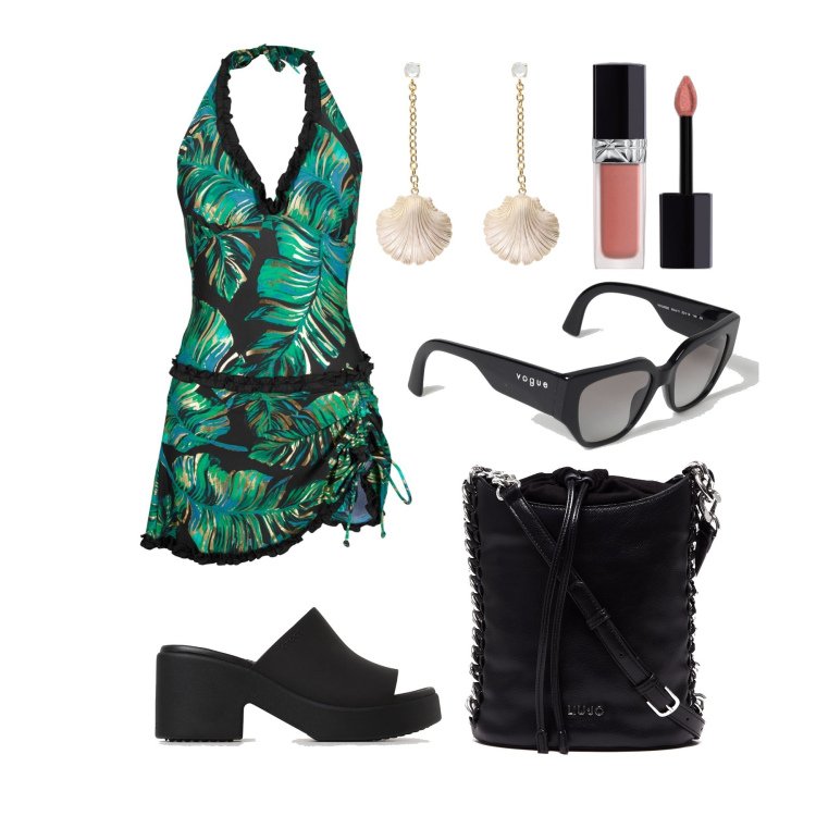 Outfit donna - Ghost outfitter - giugno. Stile Trendy per Mare. Abbinamento con vestiti da spiaggia, rossetti, orecchini, sandali, borse a secchiello, occhiali da sole.