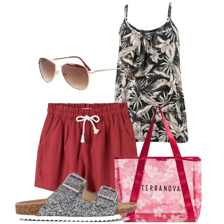 Outfit donna - Pomeriggio afoso. Stile Casual per Tutti i giorni. Abbinamento con top, occhiali da sole, shopping bag, shorts, sandali.