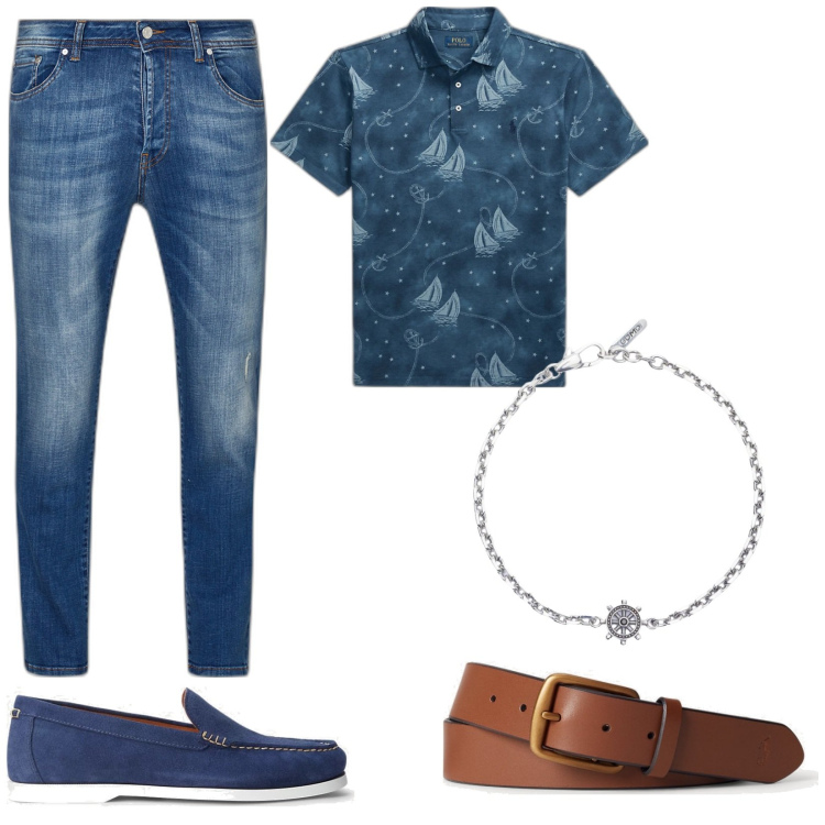 Outfit uomo - Cintura e jeans. Stile Casual per Serata speciale. Abbinamento con braccialetti, scarpe stringate, cinture, polo, jeans strappati.
