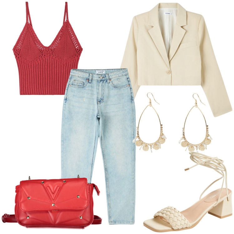 Outfit donna - La borsa rossa Valentino. Stile Sporty chic per Serata fuori. Abbinamento con jeans mom, sandali alla schiava, top, blazer, orecchini, borse a tracolla.