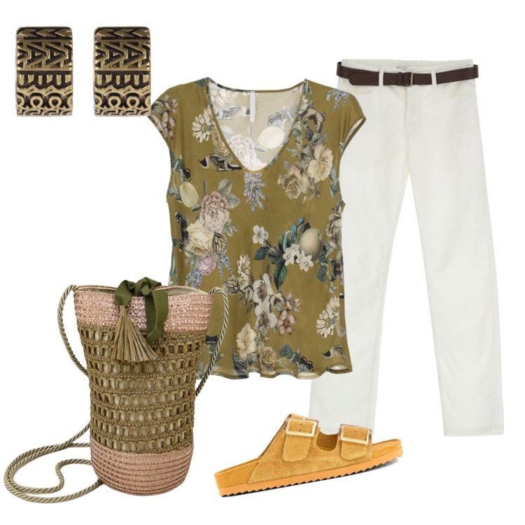 Outfit donna - Total look #1897565. Stile Trendy per Ufficio. Abbinamento con pantaloni, canottiere, borse a secchiello, sandali, orecchini.