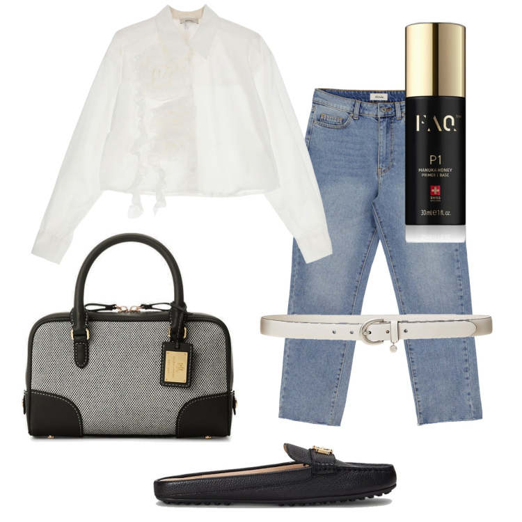 Outfit donna - Total look #1897569. Stile Casual chic per Tutti i giorni. Abbinamento con primer, jeans slim fit, camicie, sabot, cinture, borse a mano.