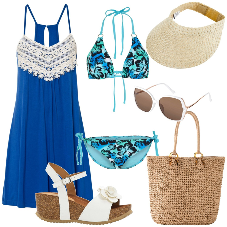 Outfit donna - Bonprix Sunset Look Blue. Stile Casual chic per Mare. Abbinamento con sandali, vestiti, bikini, occhiali da sole, cappelli con visiera, shopping bag.